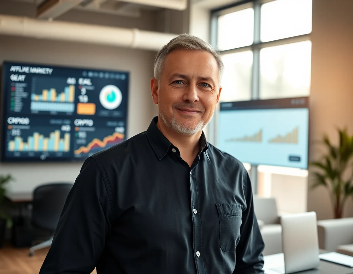 Middle-aged male professional with analytics dashboards in modern office setting