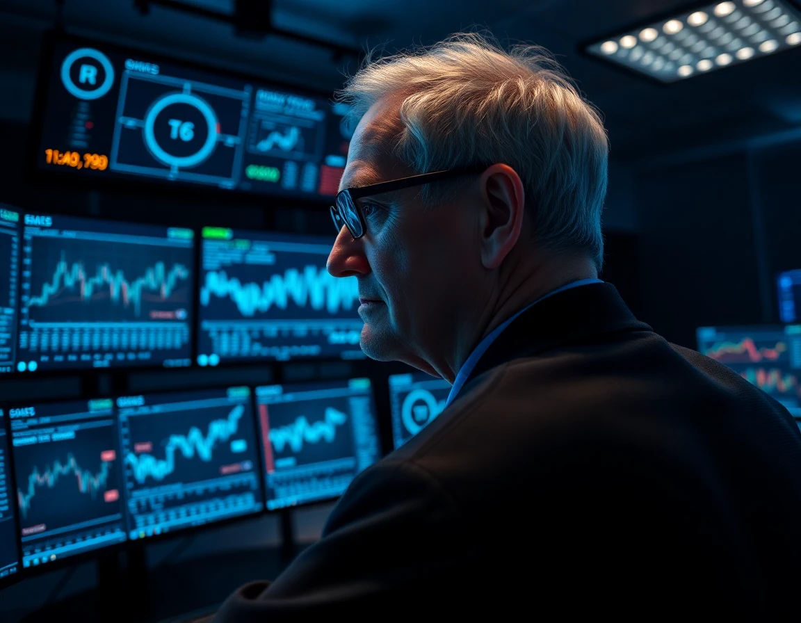 Elderly blockchain analyst studying multiple digital screens in dark high-tech command center