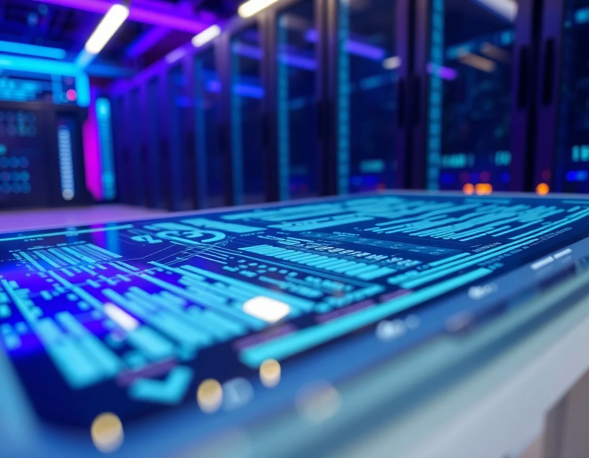 Close-up of blockchain transaction data on futuristic transparent tablet in high-tech environment