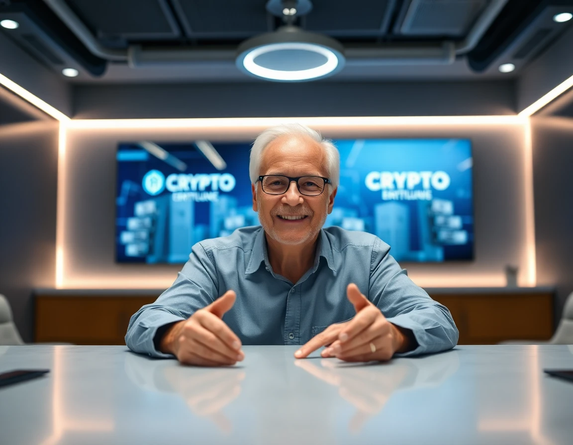 Elderly male client presenting in modern conference room with crypto visuals