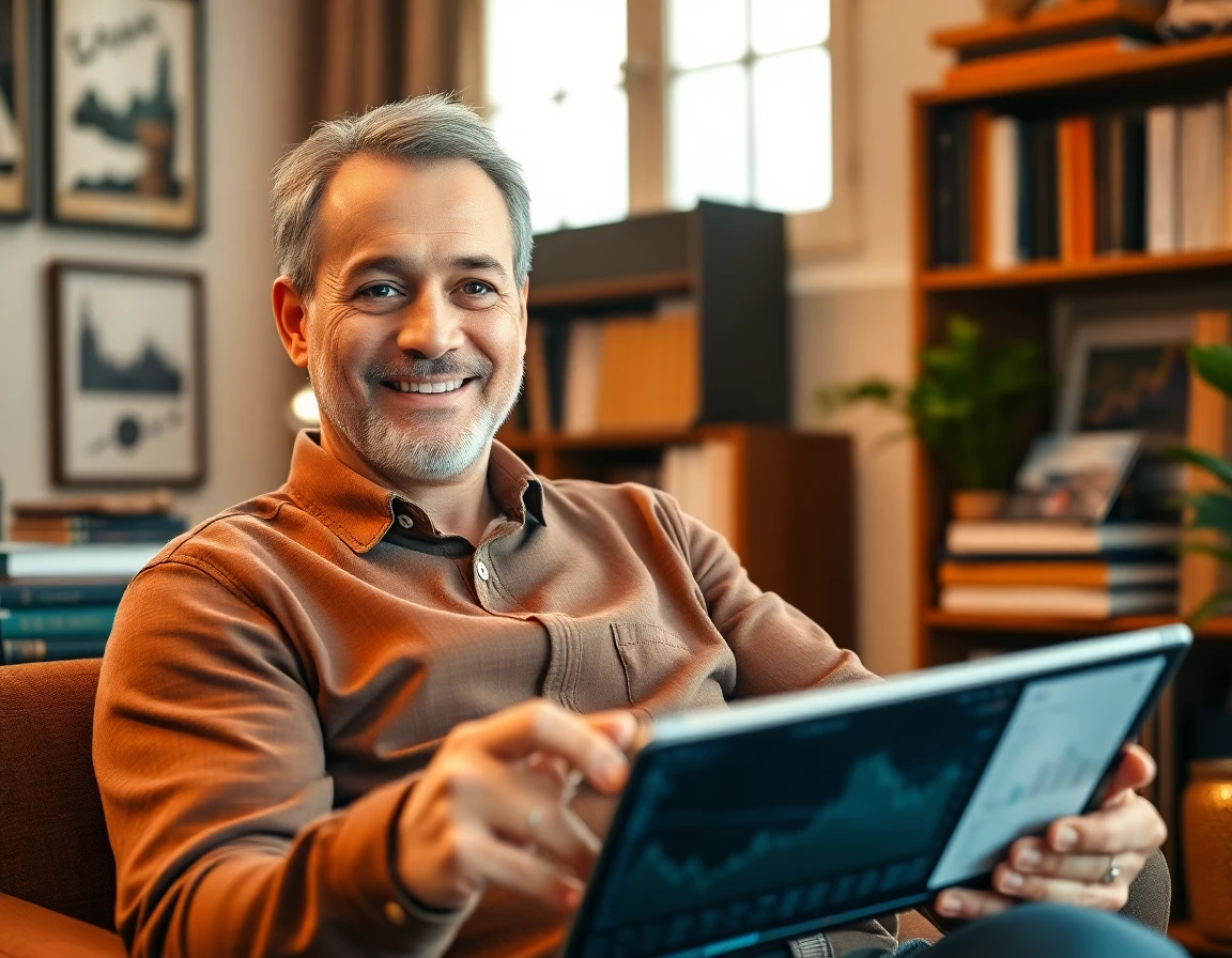 Confident middle-aged man with crypto analytics on tablet in home office