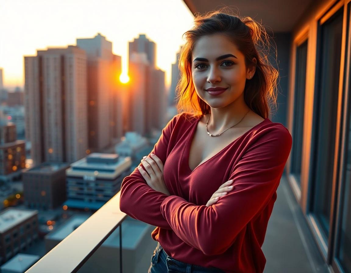 Confident young woman on city balcony at sunset with skyscrapers backdrop