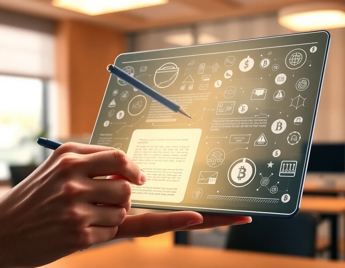 Close-up of hand with stylus on blockchain and legal crypto diagrams for terms article