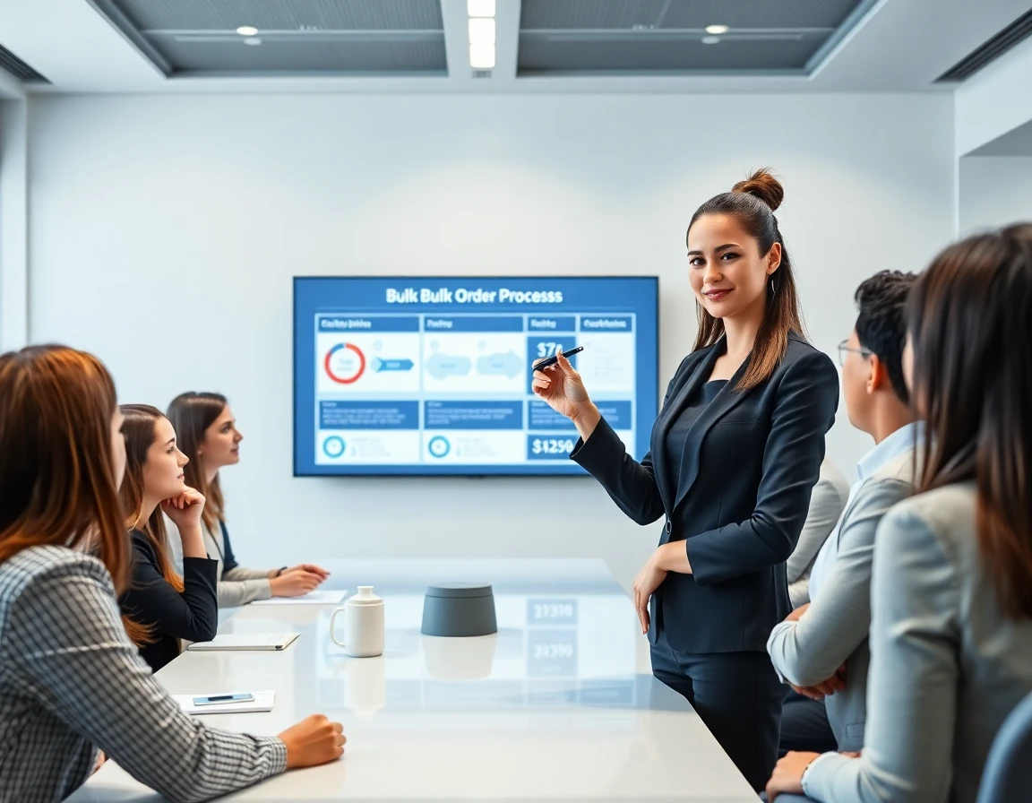 Young woman explaining bulk crypto order infographic to team in modern conference room