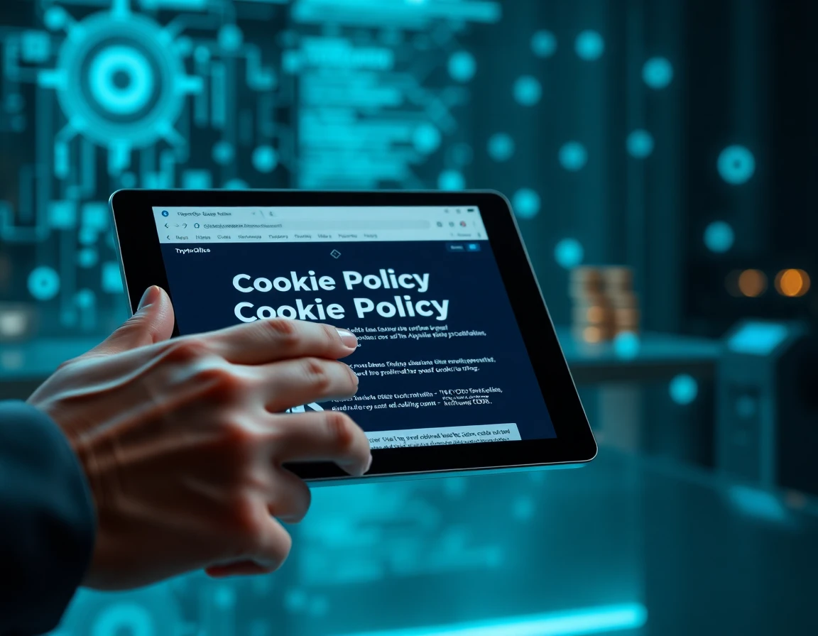 Close-up of tablet displaying cookie policy with person interacting in a digital workspace