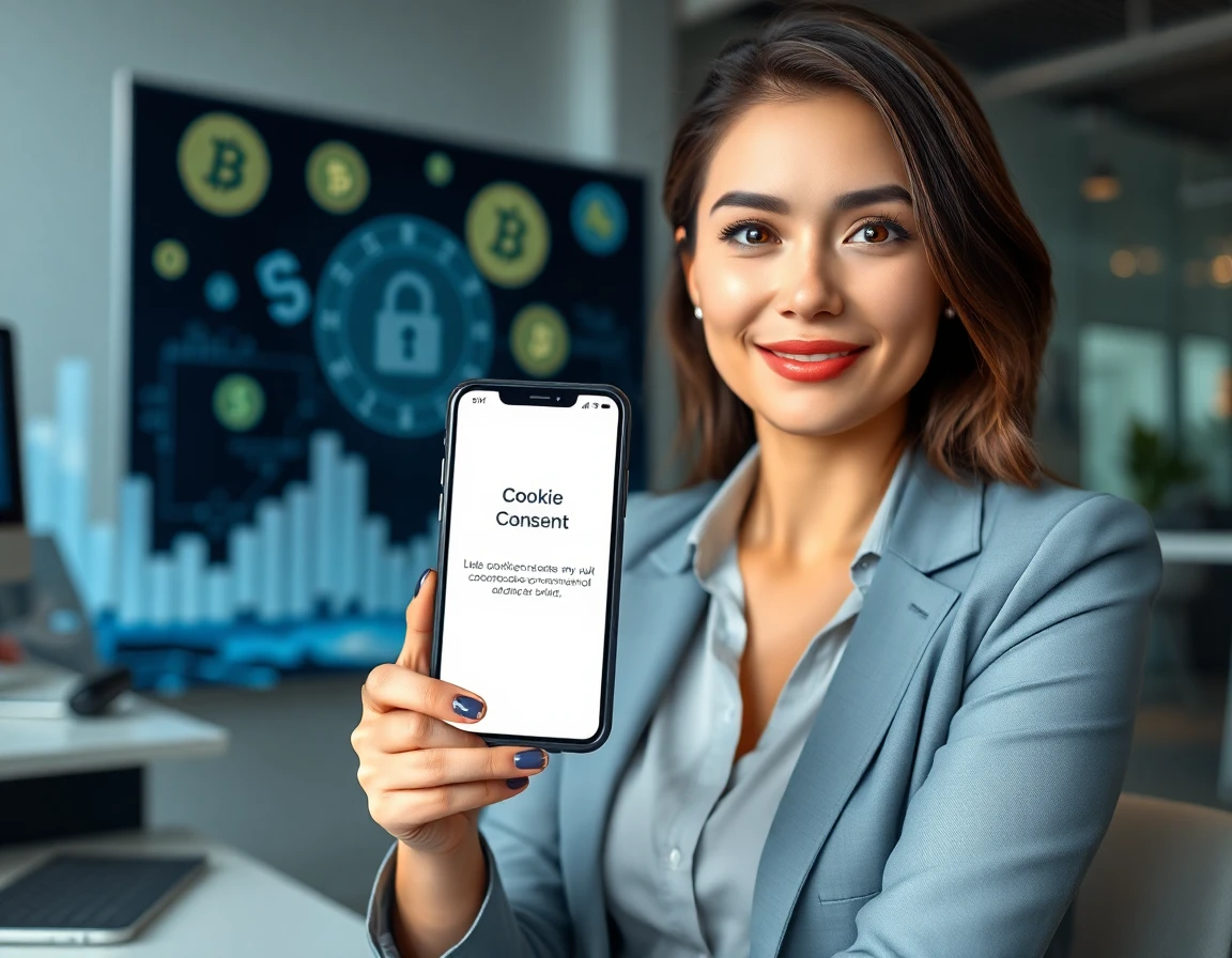 Young woman reviewing cookie consent on her smartphone in a tech office environment