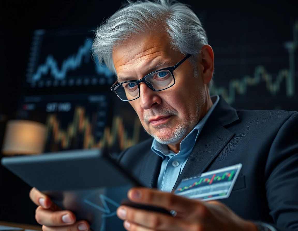 Senior analyst reviewing crypto financial report on tablet with focused expression