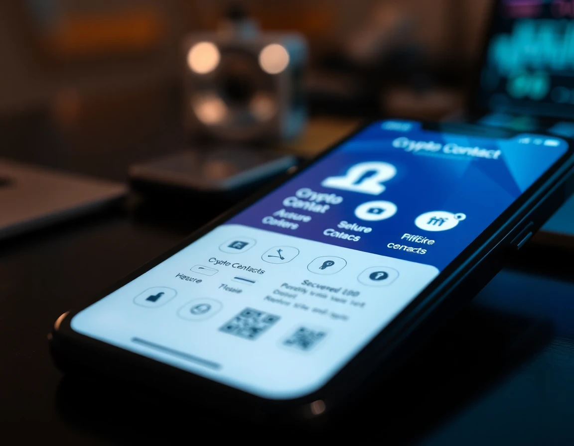 Close-up of a smartphone displaying a secure crypto contact app interface with QR codes