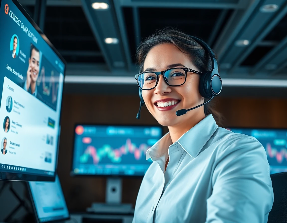 Crypto customer support agent with headset at a modern support center with contact screens
