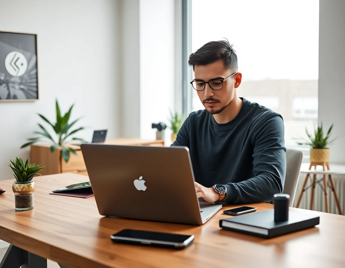 Young entrepreneur analyzing crypto ad analytics in a minimalist workspace, calm and professional