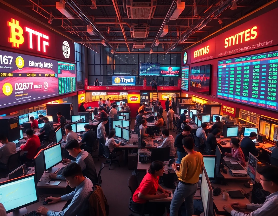 Aerial view of busy cryptocurrency exchange office with traders and digital screens at dusk