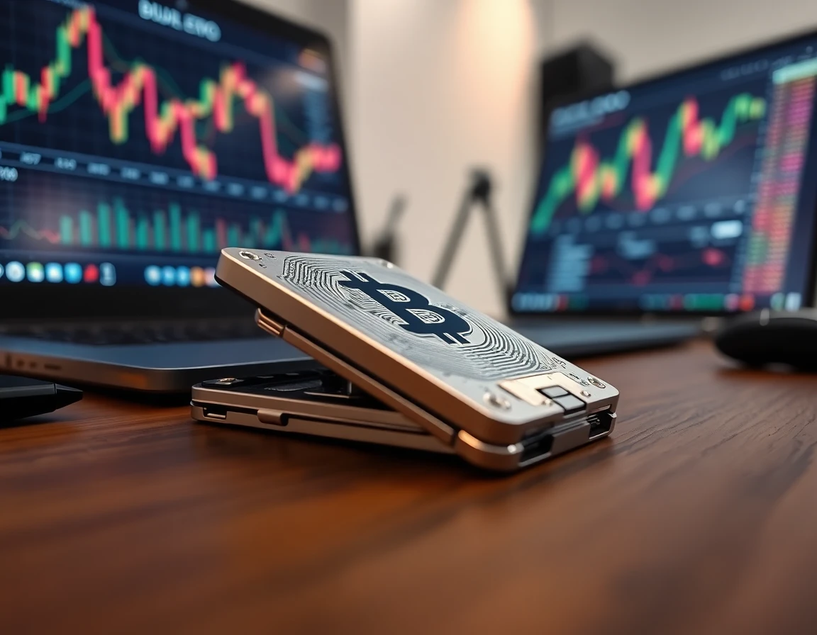 Close-up of a cryptocurrency hardware wallet on a wooden desk with digital charts