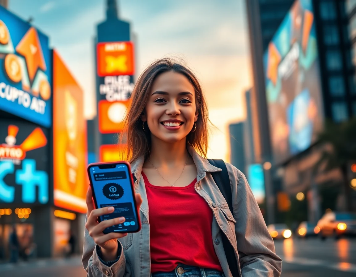 Young female influencer with smartphone near digital billboards at dusk, vibrant and confident