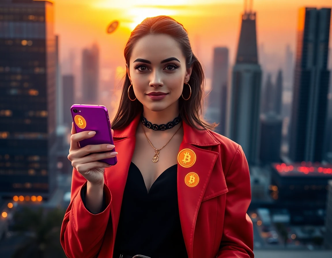 Young woman crypto influencer with holographic coins, sunset city skyline, confident pose outdoors