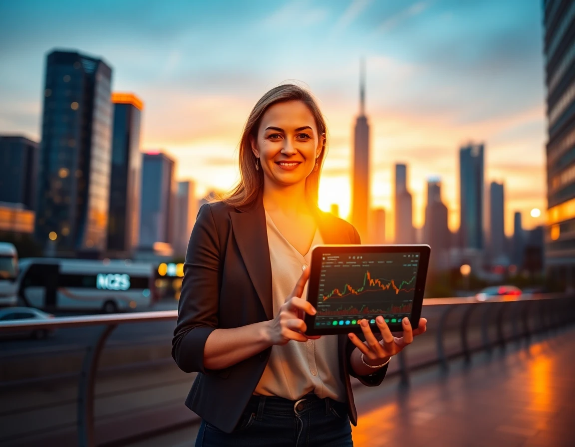 Female crypto influencer outdoors with city skyline and crypto graphs at dusk