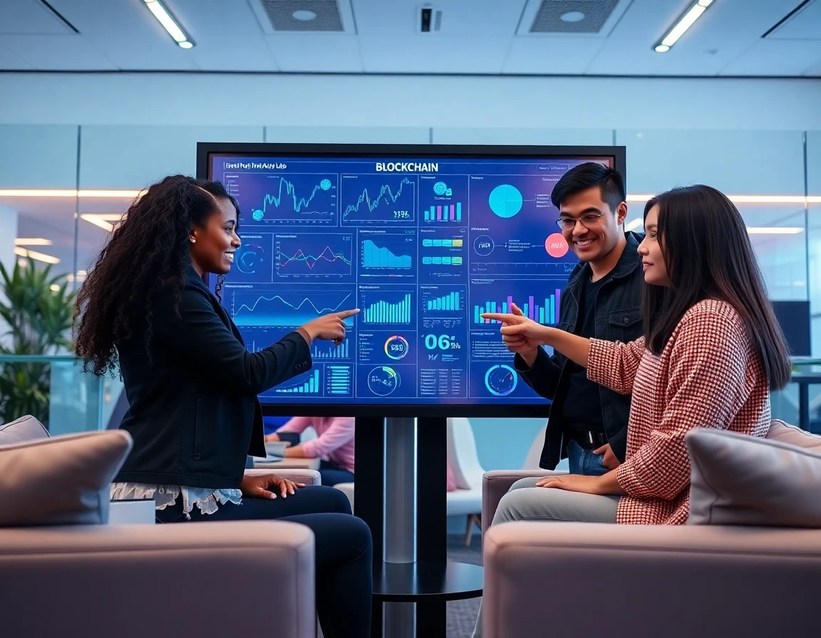Diverse team analyzing blockchain data on digital touchscreen in innovation lab