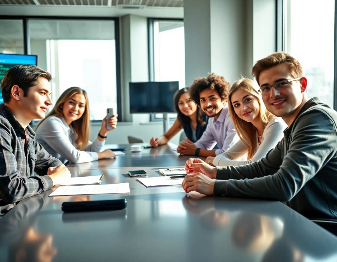 Diverse crypto journalists discussing editorial policy in modern office setting