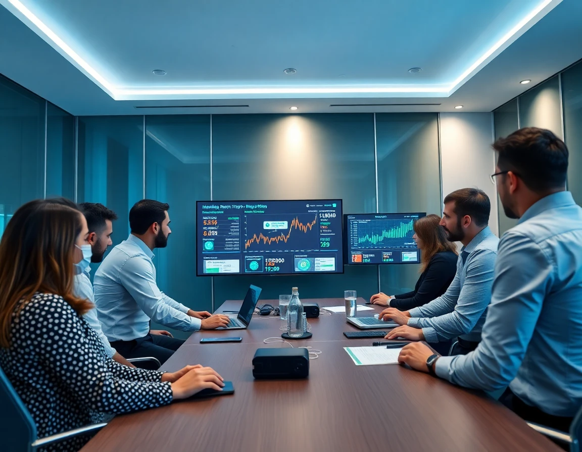 Marketing professionals analyzing crypto advertising metrics in a modern conference room
