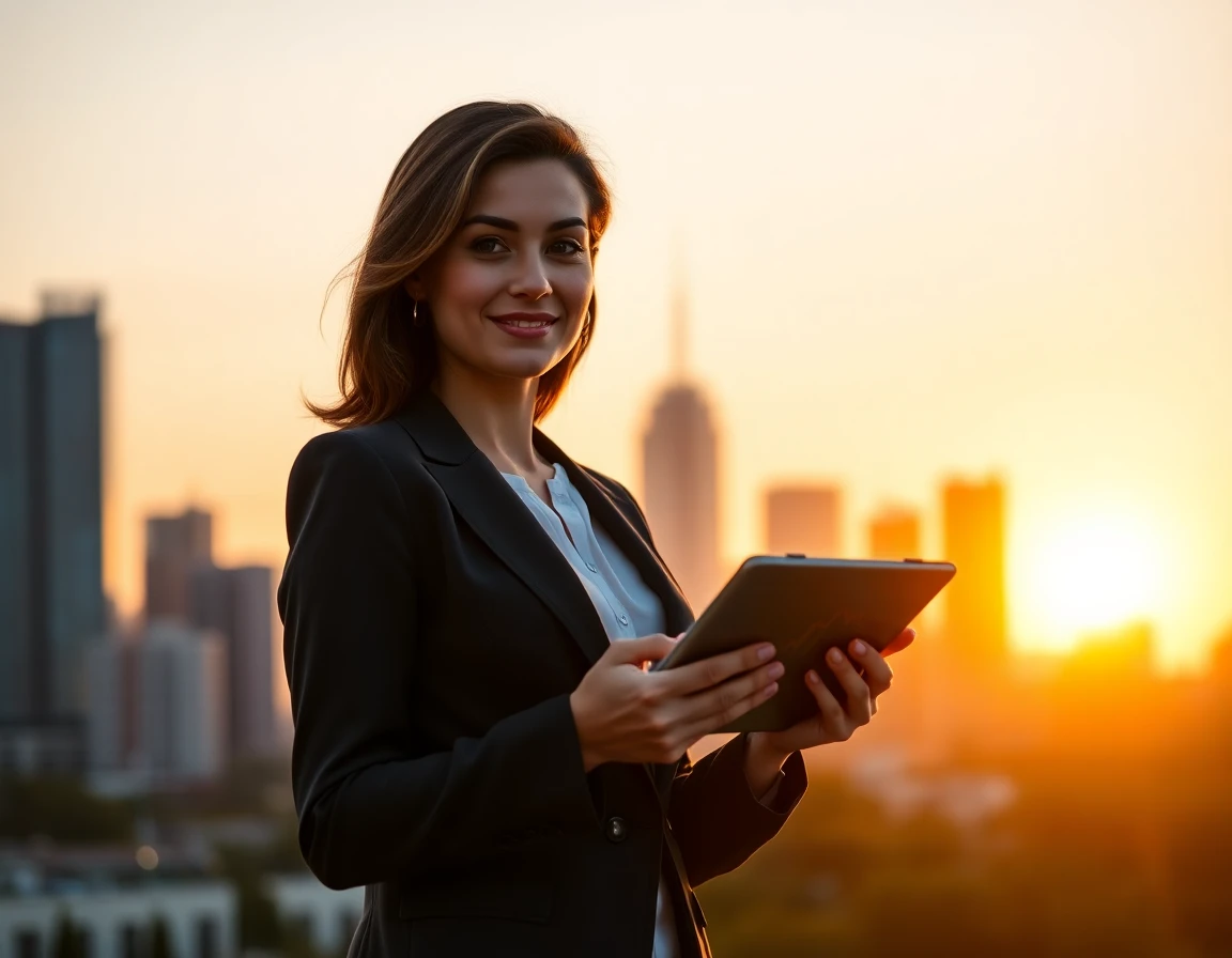 Confident woman with crypto graphs at sunset in an urban outdoor setting