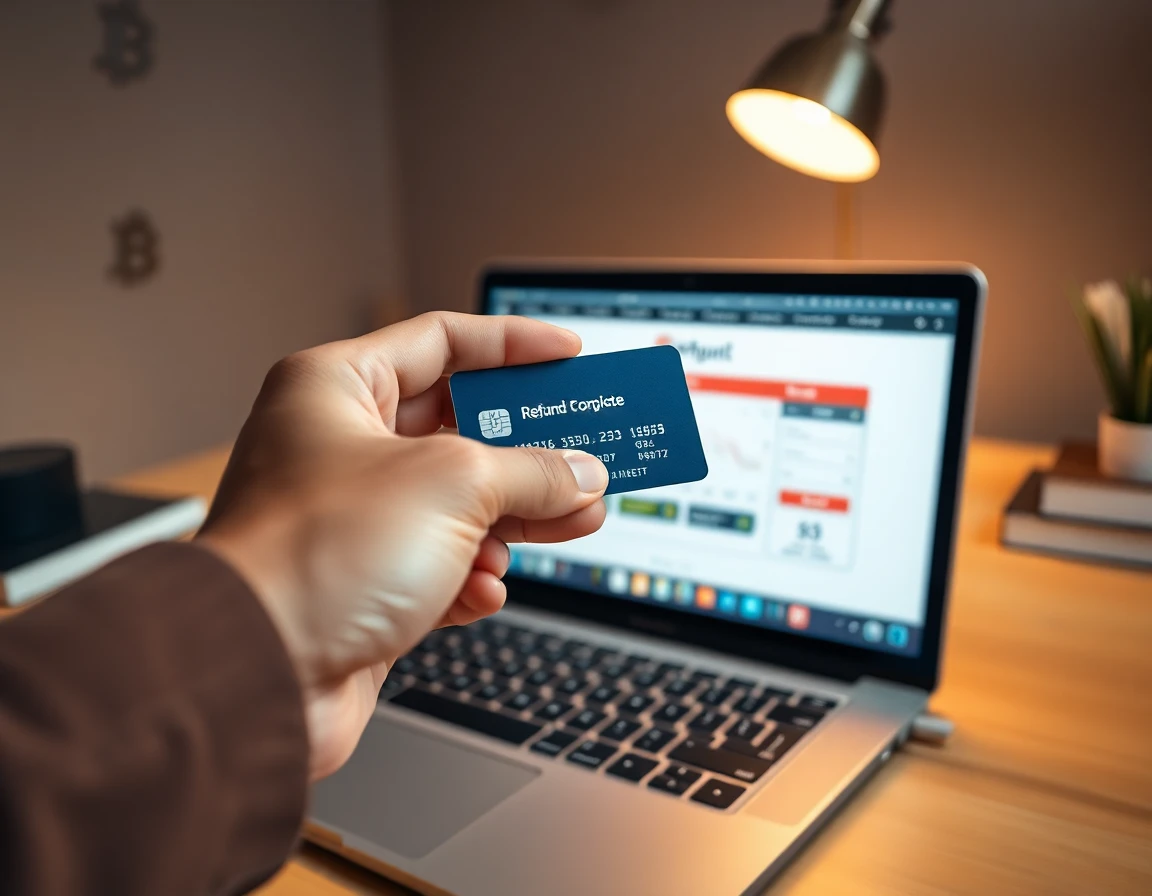 Close-up of hand with bank card over laptop during crypto refund transaction in minimalist setting