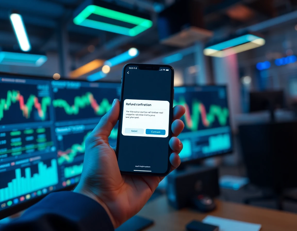 Smartphone displaying crypto refund confirmation with blurred financial charts in background
