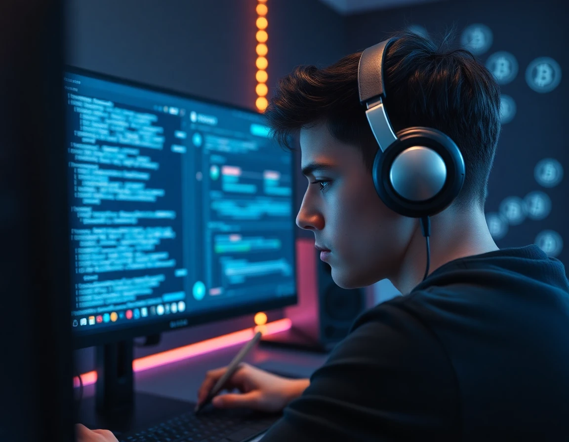 Young coder working on blockchain algorithms with dual monitors in a tech workspace