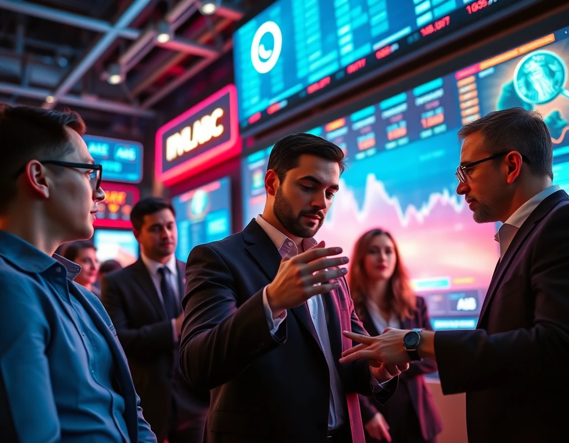 Crypto trading floor with professionals analyzing digital ads and real-time data, energetic and high-tech