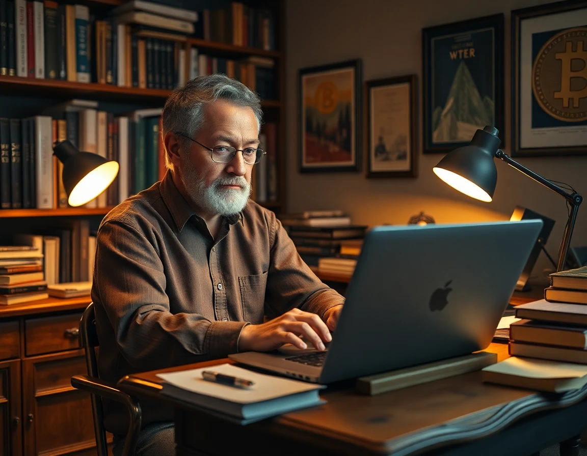 Male writer working at a crypto-themed home office for article section
