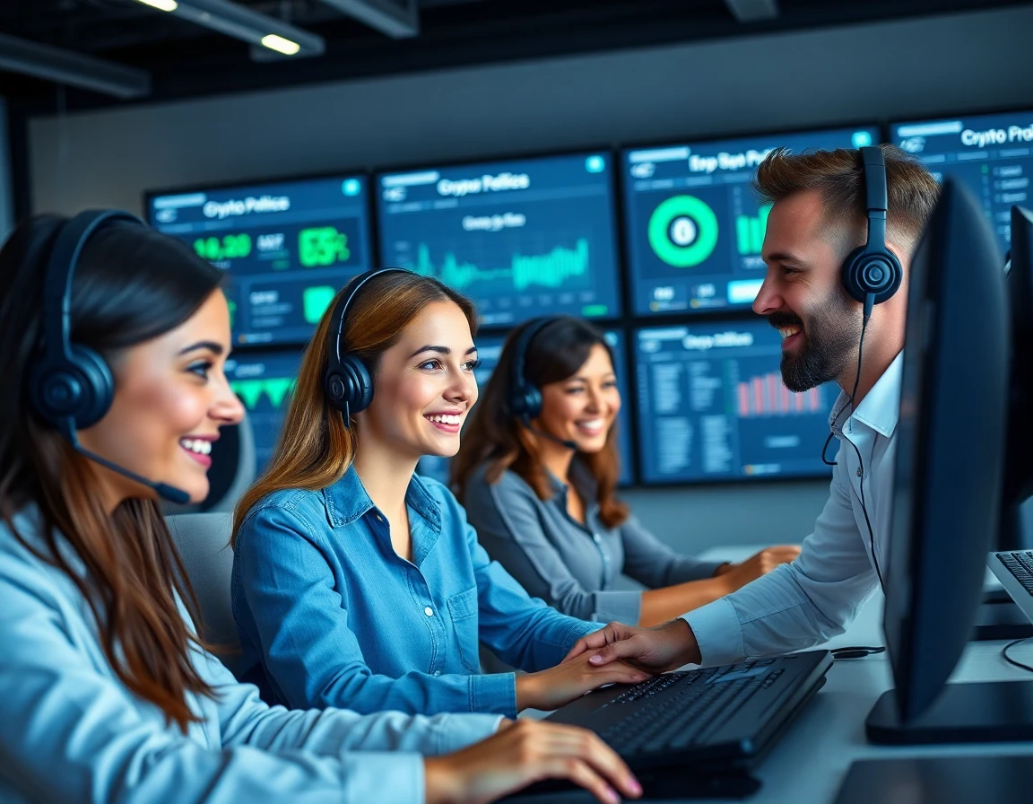 Diverse customer support agents working in modern call center handling crypto refunds