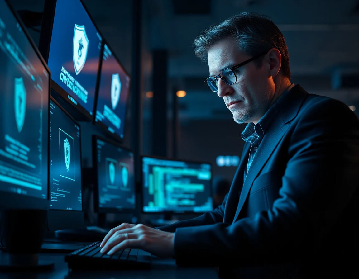 Cybersecurity expert working in a high-tech office with encrypted crypto data screens at night