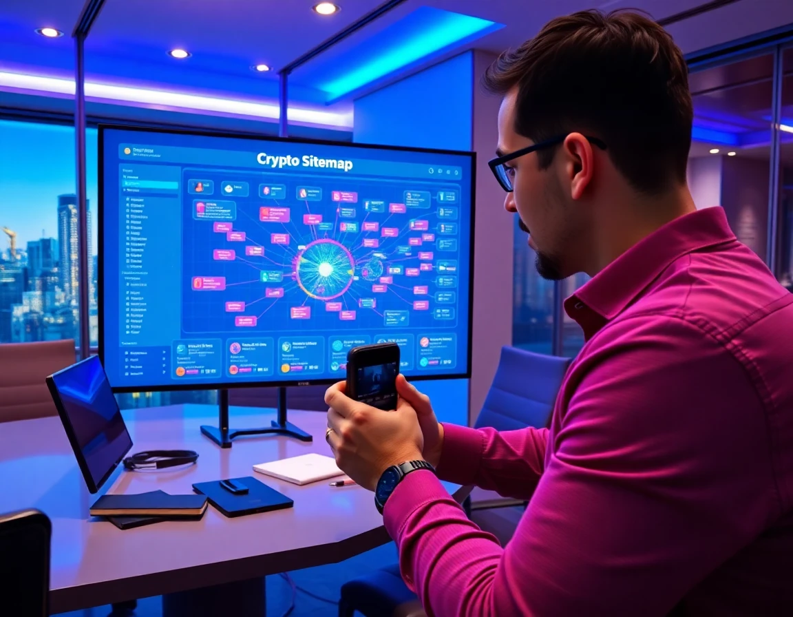 Strategist analyzing colorful crypto sitemap on interactive digital screen in modern conference room