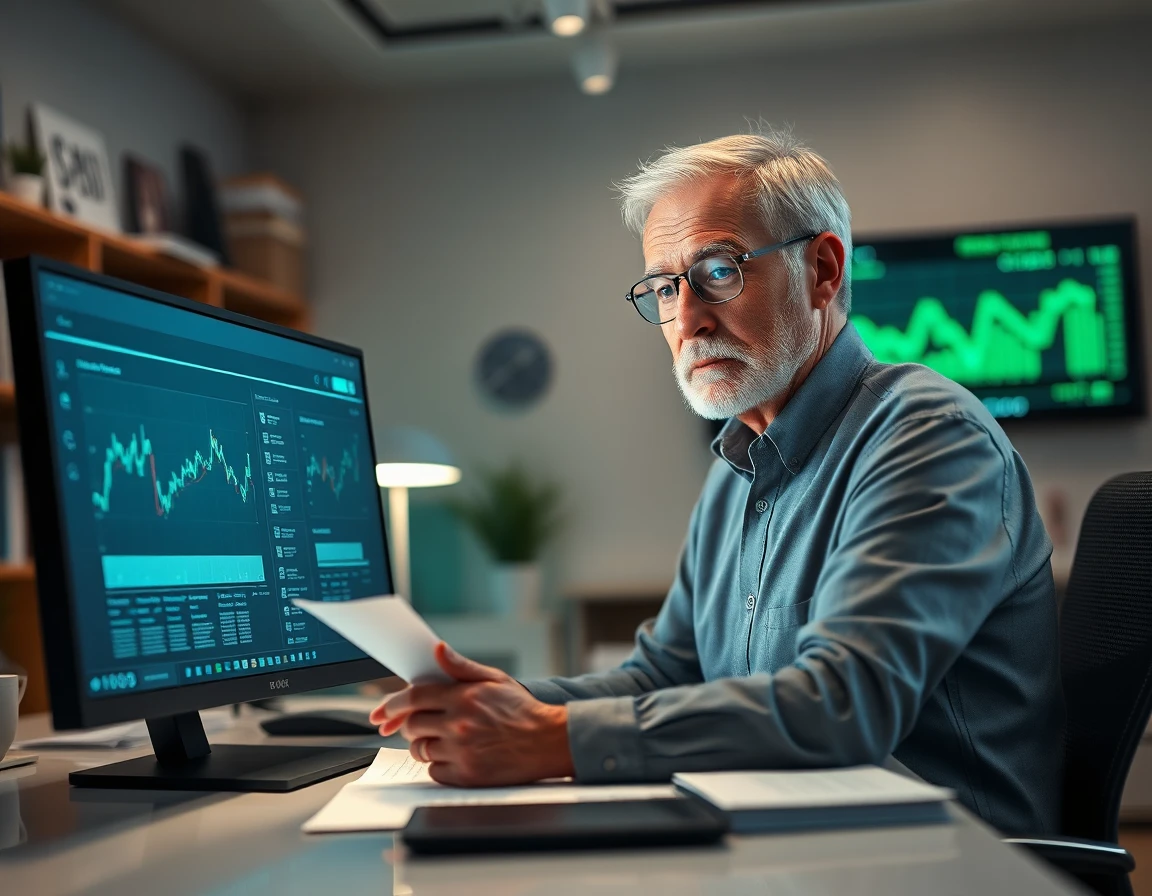 Experienced editor reviewing digital documents on monitor in modern workspace