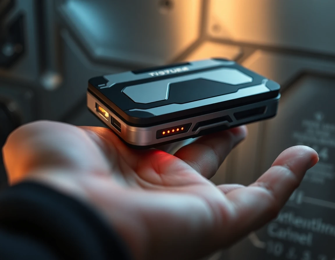 Close-up of modern hardware crypto wallet in hand