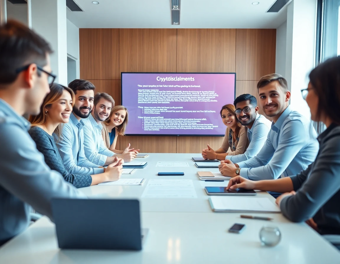 diverse professionals discussing crypto disclaimer in modern office conference room