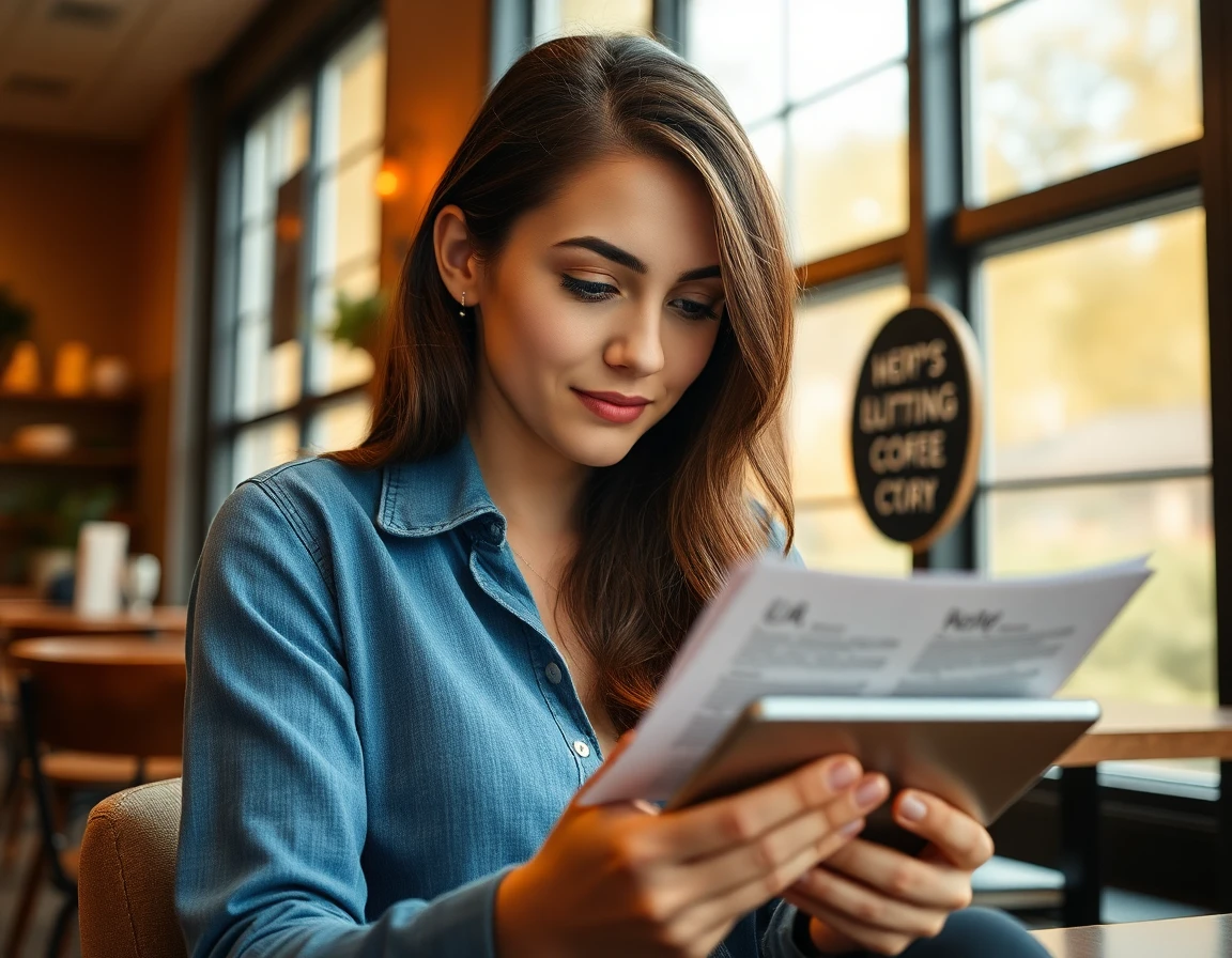 Young woman reviewing crypto guest post guidelines on tablet in cozy café