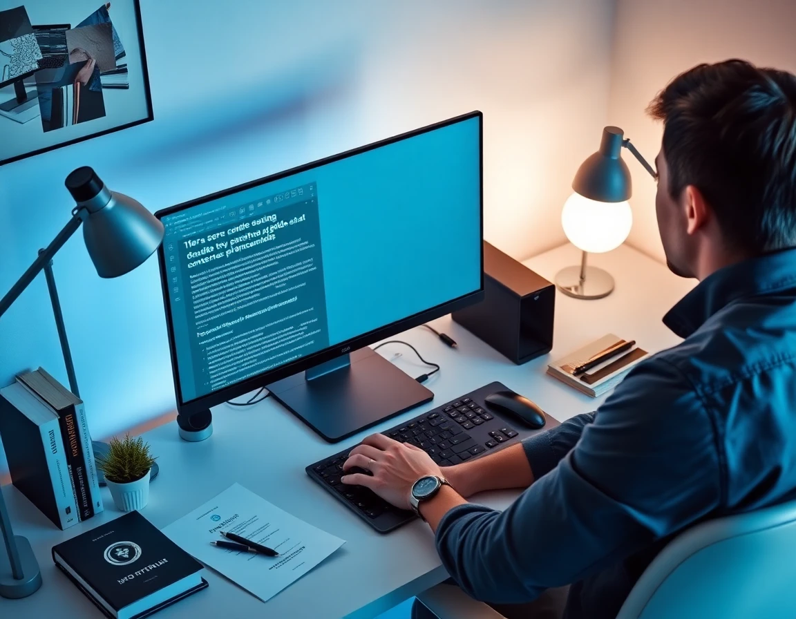 Professional editor reviewing crypto guest post guidelines on a sleek workspace