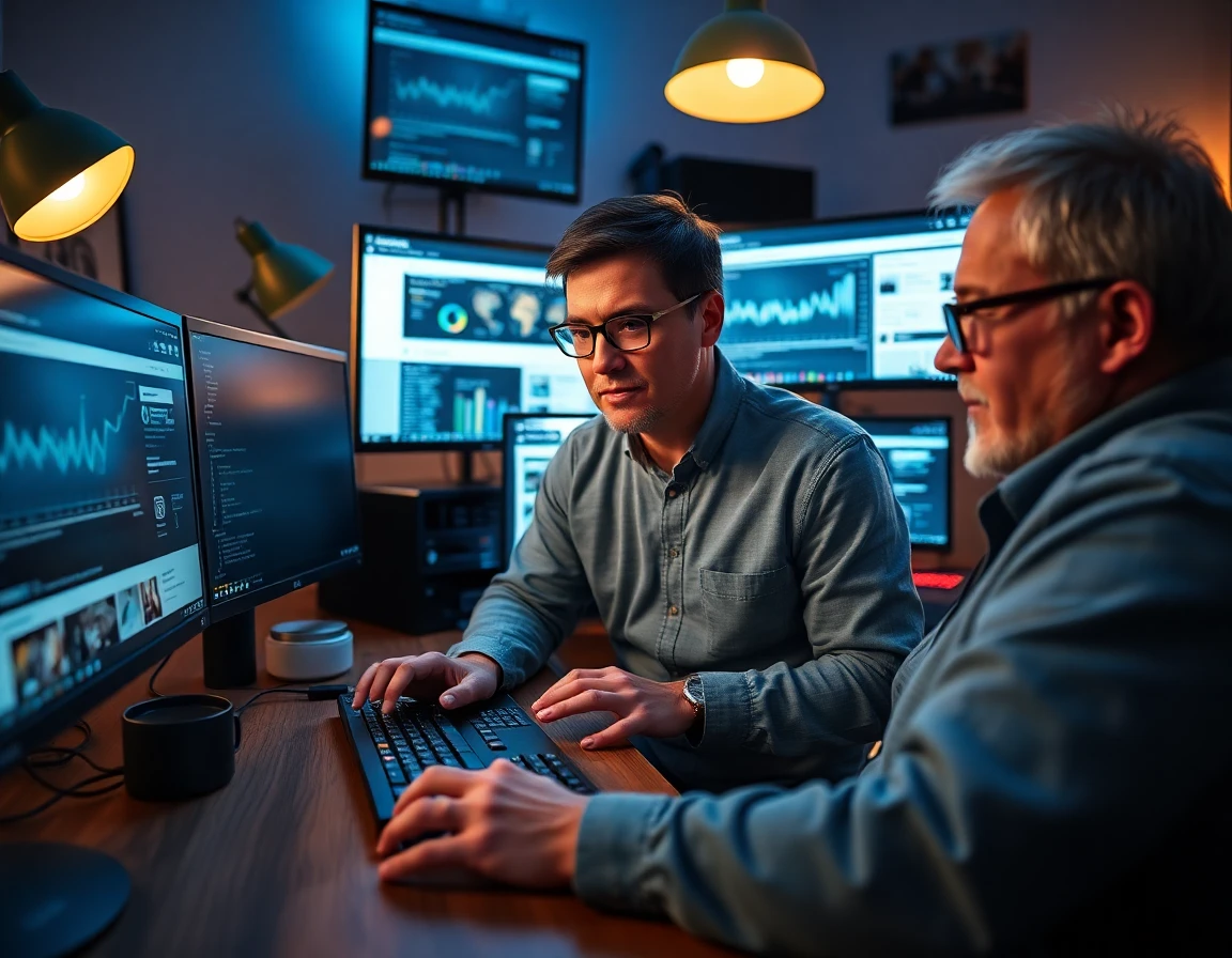 Freelance writer working at a high-tech crypto-themed workspace with multiple monitors