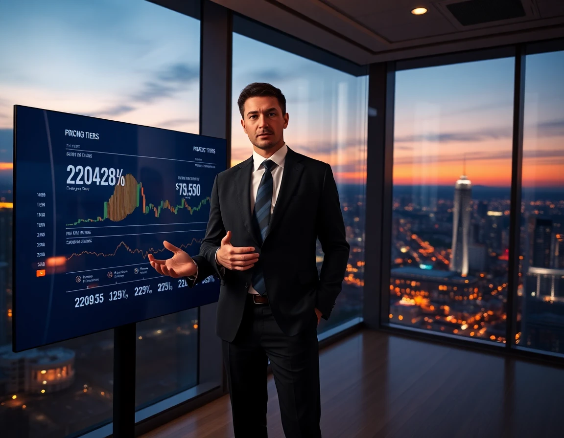 Business executive analyzing crypto pricing data on digital interface with city skyline backdrop