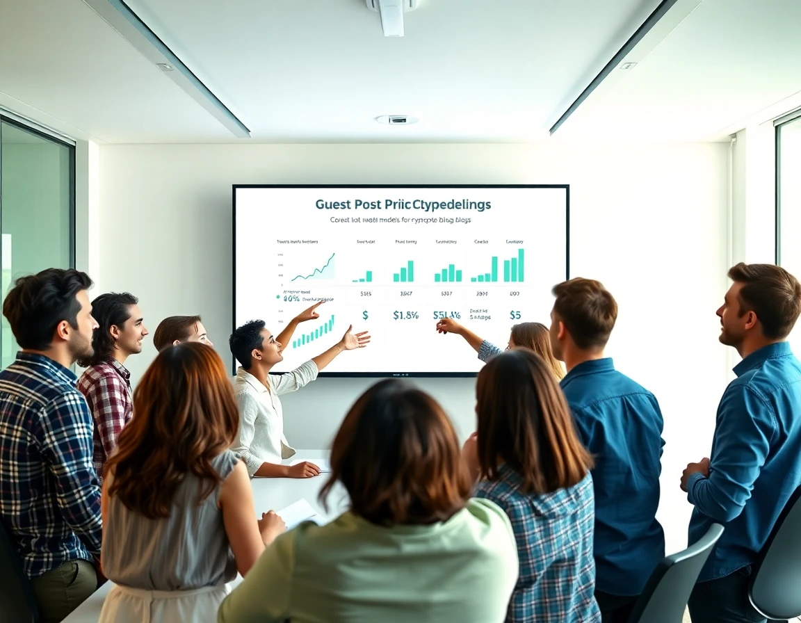 Team of digital marketers discussing guest post pricing strategies in a modern conference room