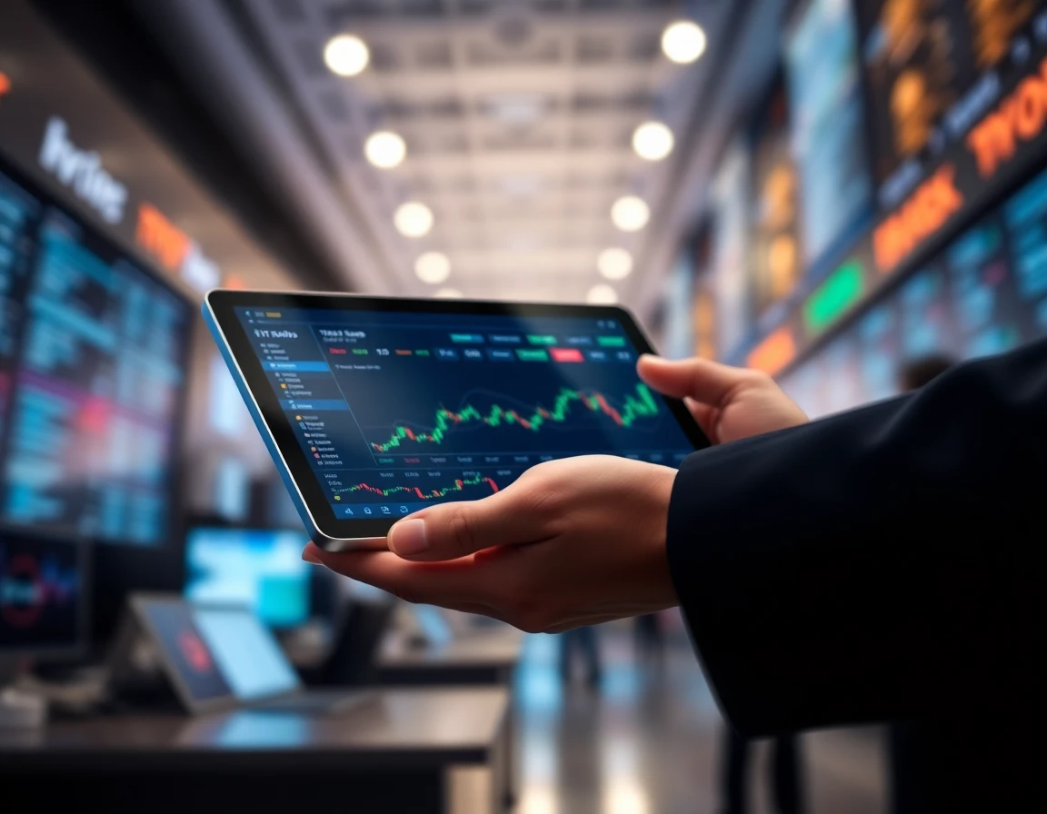 Close-up of hand holding tablet displaying crypto trading data with blurred trading floor background