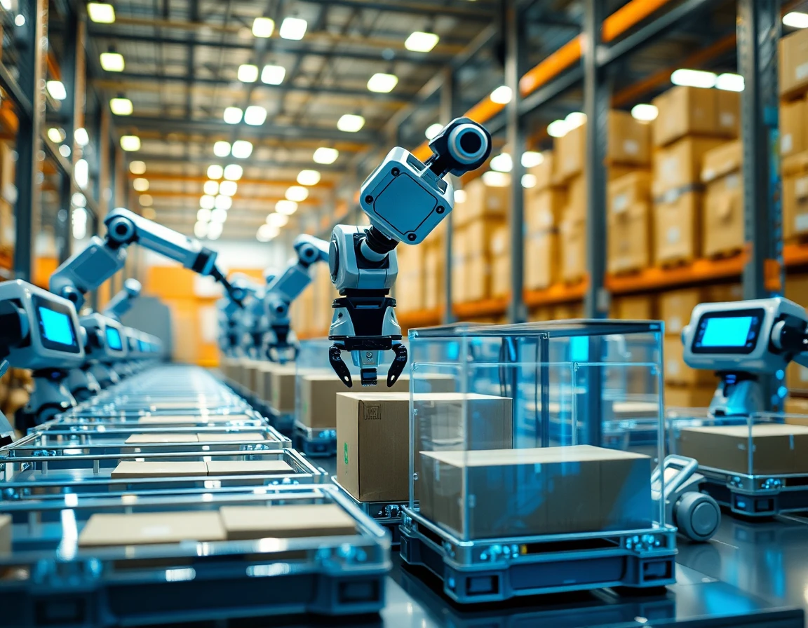 Autonomous robots loading packages in high-tech warehouse