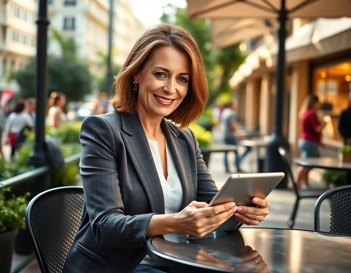 Professional woman reviewing crypto link strategies on tablet outdoors