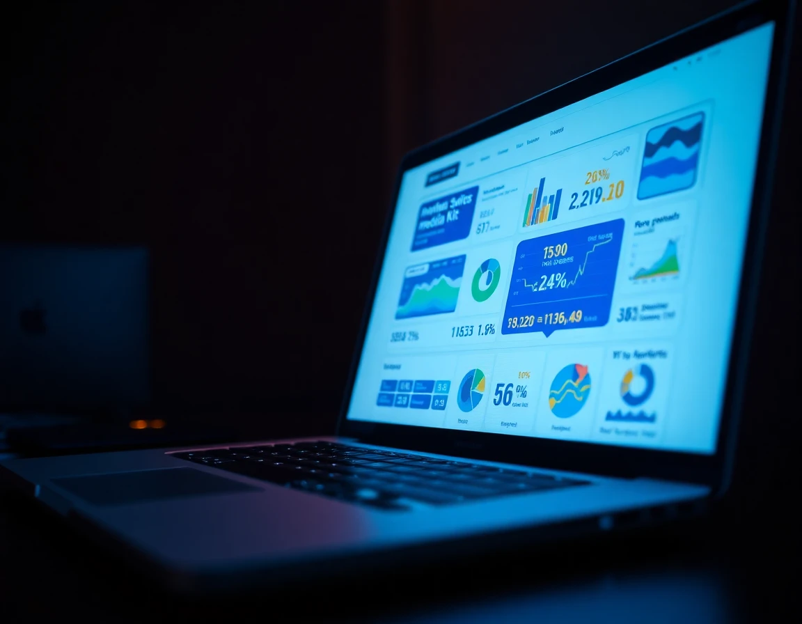 Close-up of crypto media kit on laptop screen with vibrant data visuals