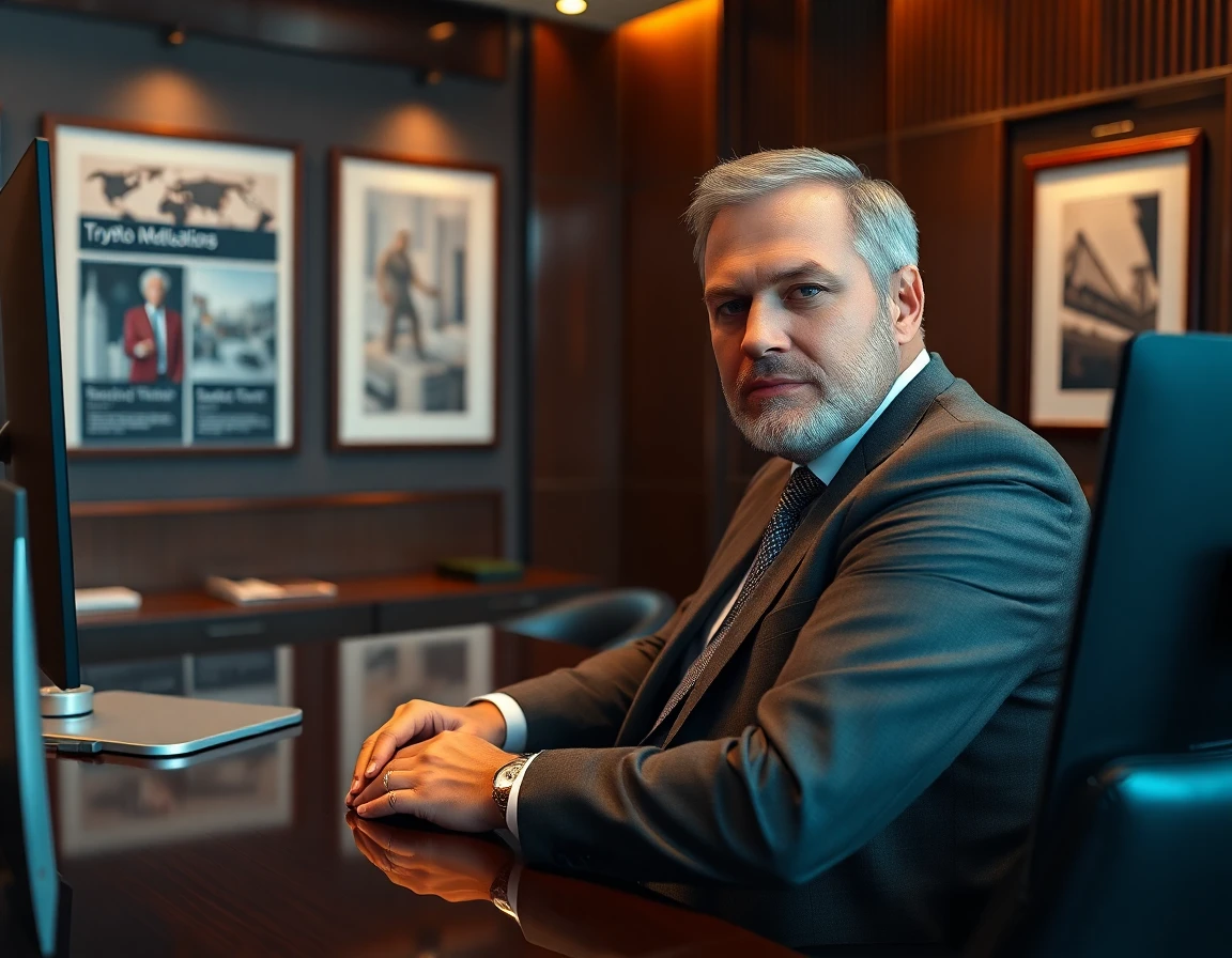 Male executive reviewing digital media kit in luxury modern office