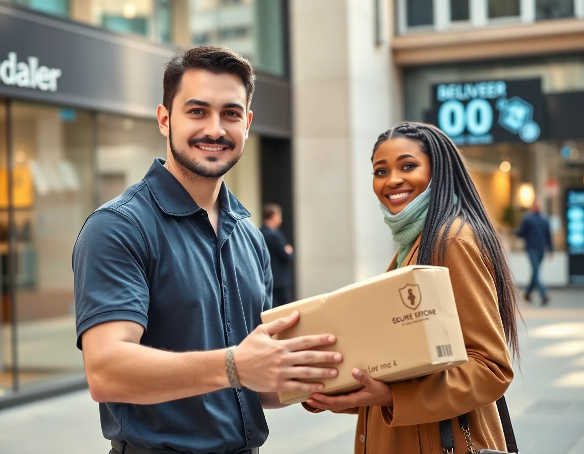 Courier delivering secure parcel to customer in urban setting