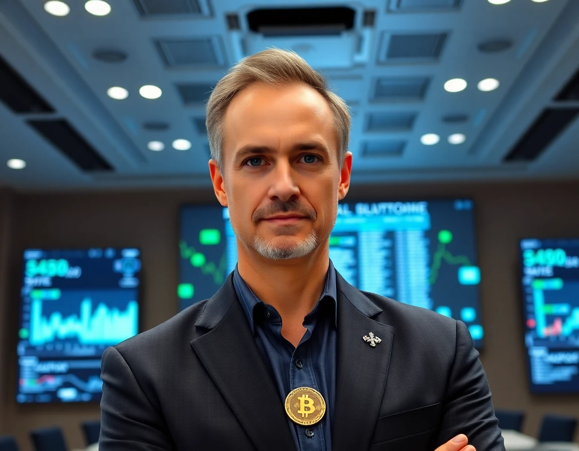 Middle-aged male author at a blockchain conference with digital screens