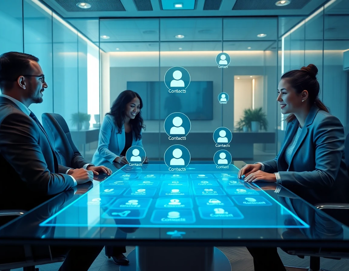 Diverse professionals collaborating over digital contact options in a high-tech conference room