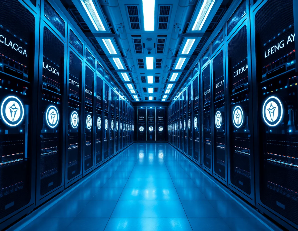 High-tech server room with glowing servers and white-label branding symbols