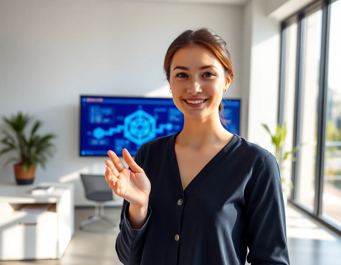 Confident young female author in a tech-focused office with blockchain visuals