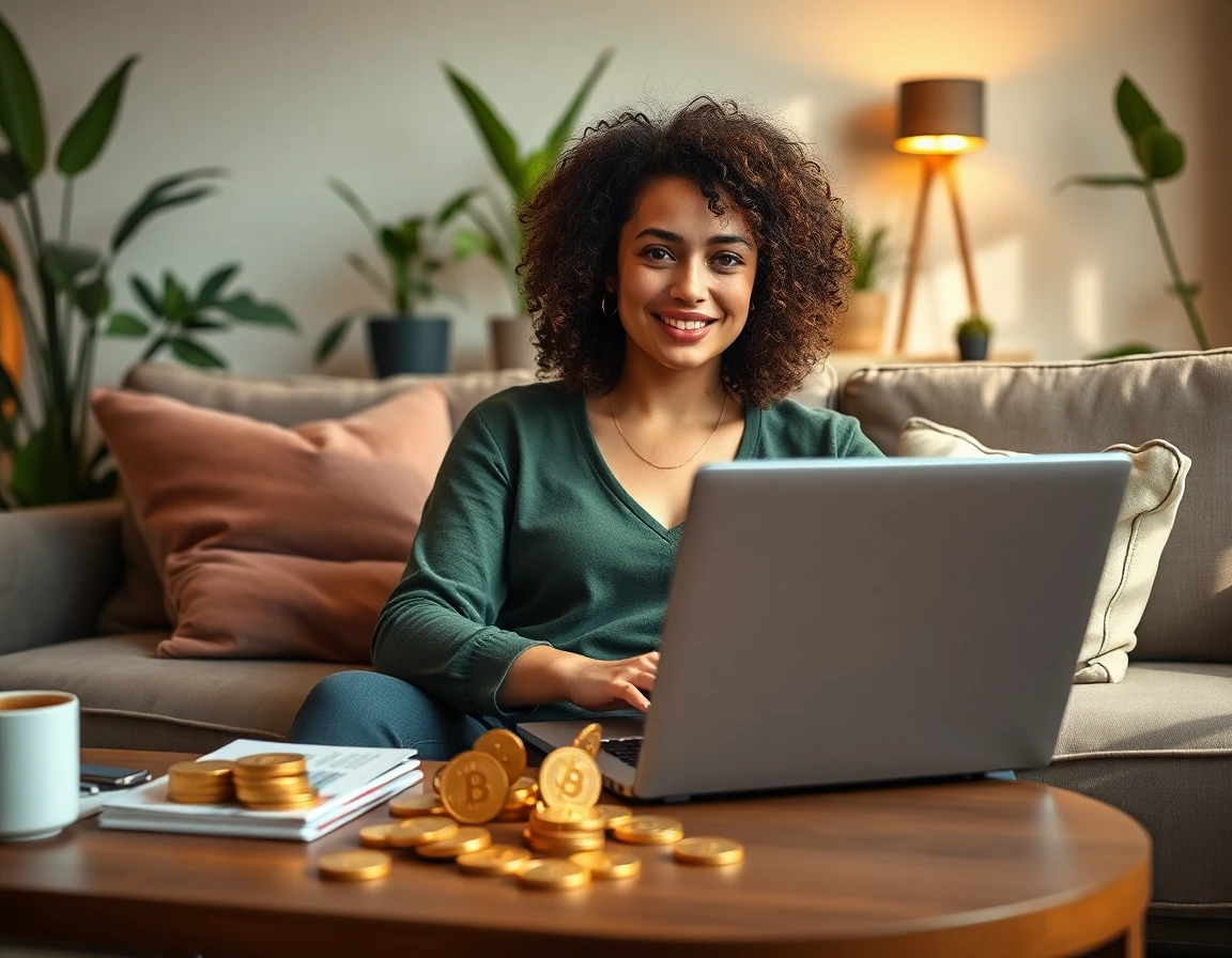Young woman relaxing on sofa with laptop, crypto coins, and affiliate materials